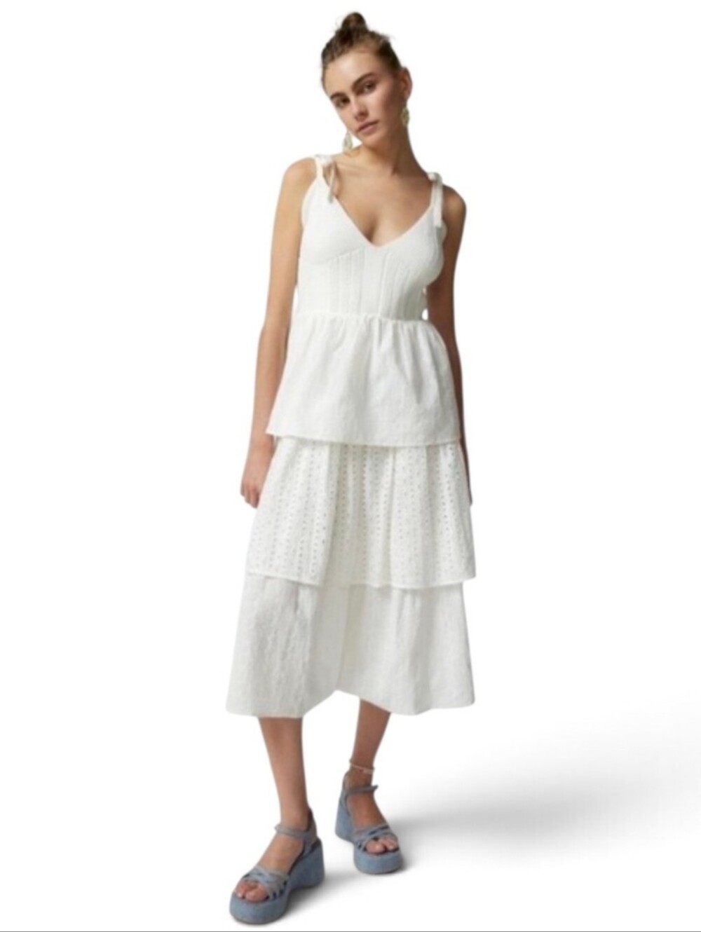 EL SAISON White Ruffle Tiered Tie Strap Knit Dress - Medium